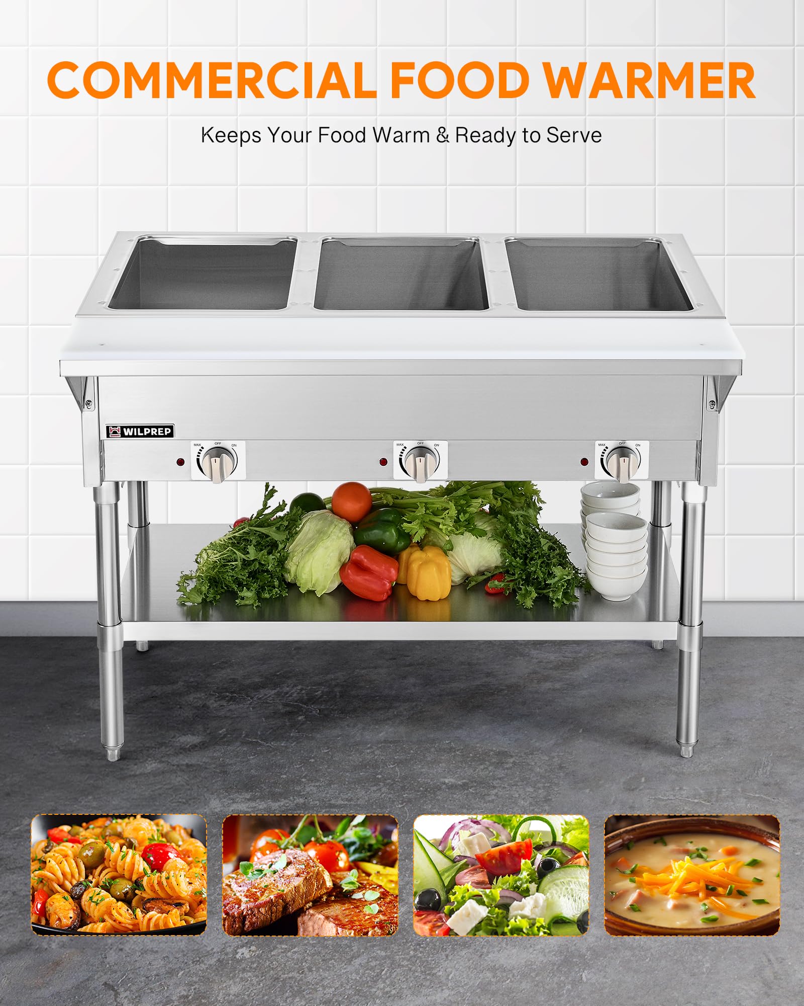WILPREP 3 Well Commercial Food Warmer, 1500W Electric Steam Table with 8