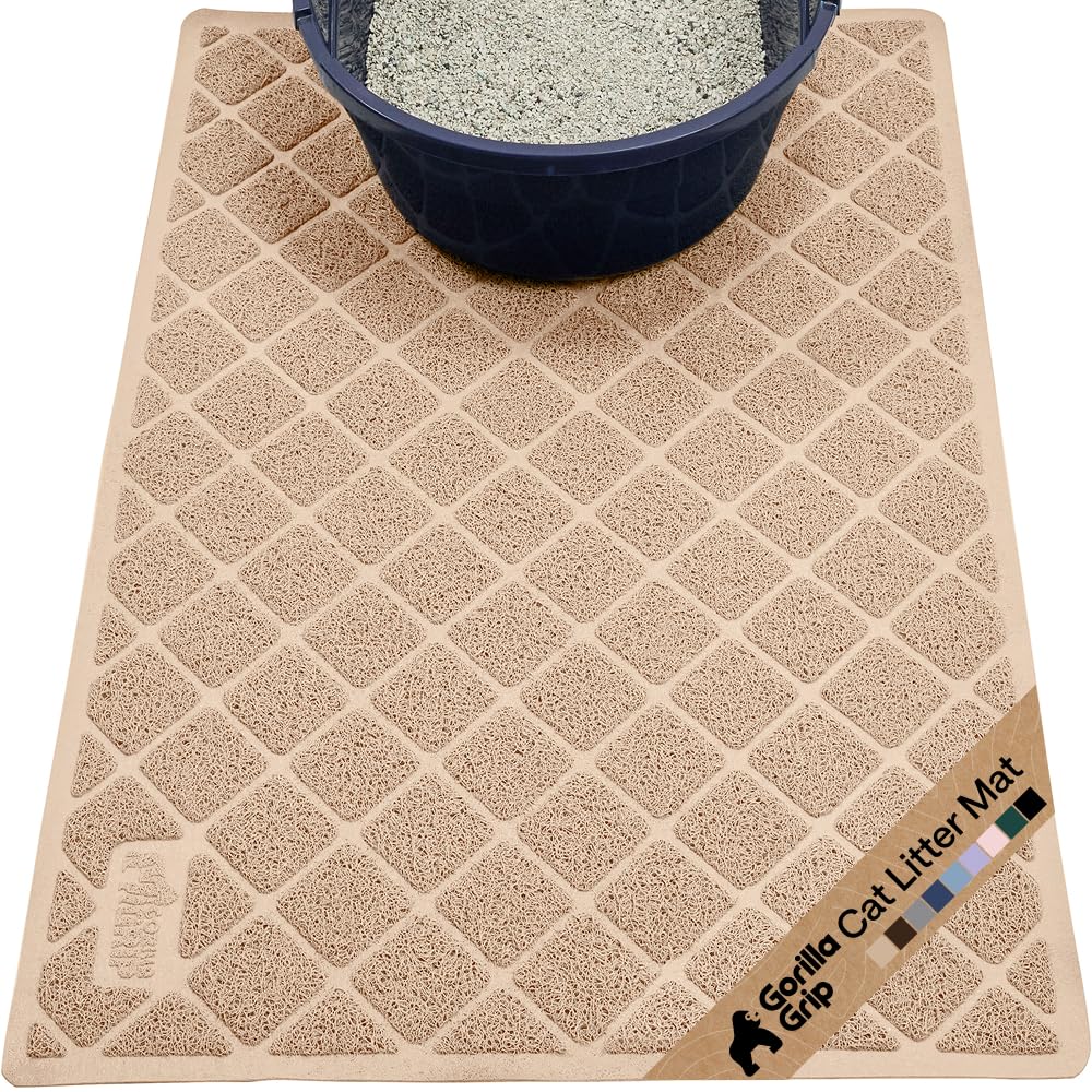 GORILLA GRIP Cat Litter Box Mat, Cushioned Coil Mesh Litter Trapping Mats, Scatter Control Supplies for Less Mess, Phthalate Free, Ultra Deep Catch Grooves, Rinse or Vacuum to Clean, 30x20 Beige