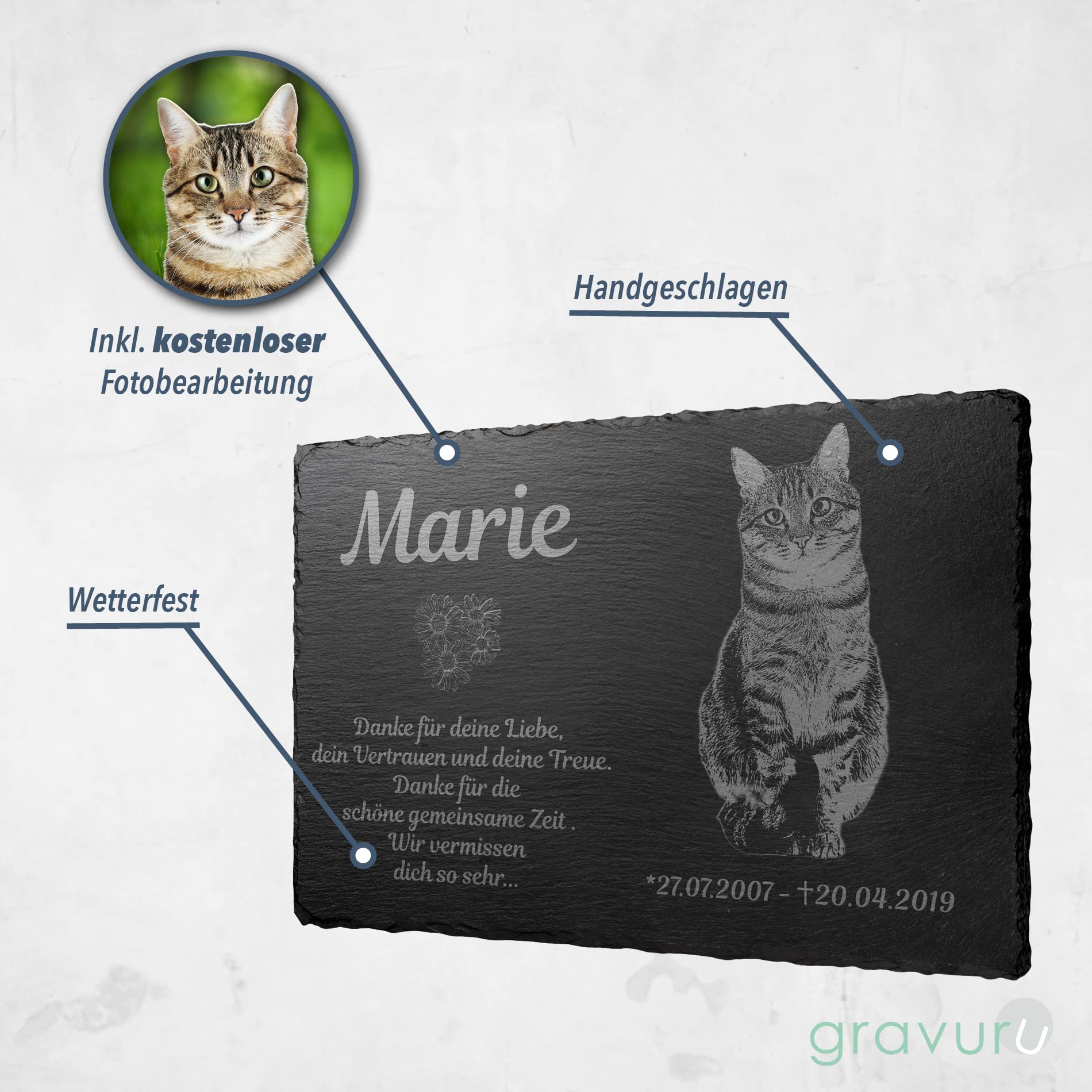 CHRISCK design Tier Grabstein Katze - Katzengrabstein aus Schiefer mit Gravur - Wetterfester Gravurschutz - Große Motivauswahl! - Grabplatte mit Foto - 22x14 cm o. 30x20 cm - Gedenkstein Hund