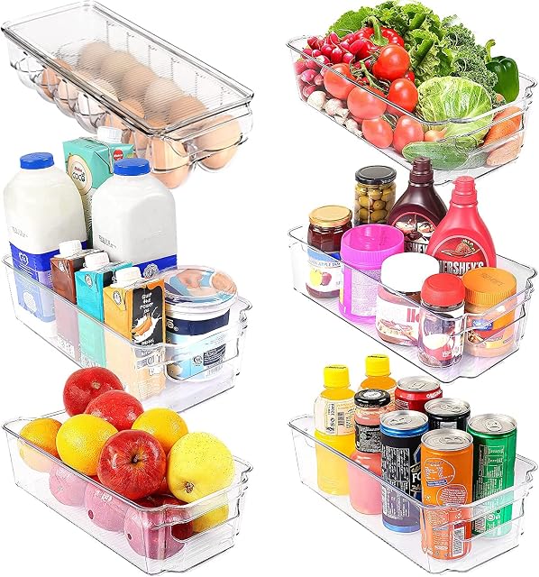 KICHLY Premium Organiser Storage - Set of 6 (1 Egg Tray and 5 Storage Bins) Multipurpose Pantry & Kitchen Storage, Organizer - BPA Free(Clear)