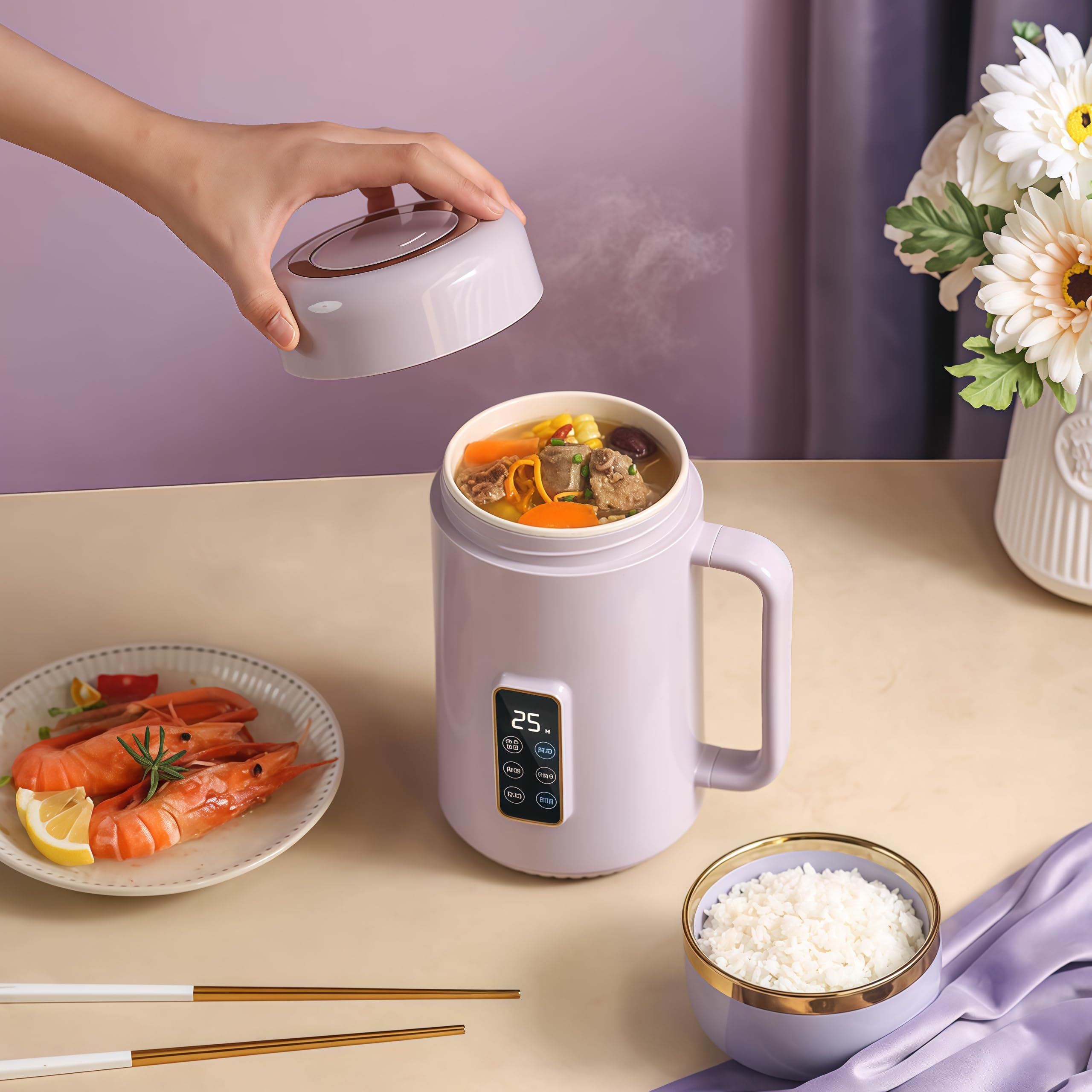 Mini Multipurpose Electric Kettle - Mug-Shaped Electric Cooker with Stainless Steel Pot, 500W, 12-hour reservation, LCD Display Timer, Auto Shut Off & Boil Dry Protection, BPA Free (1 Pcs)-image-47