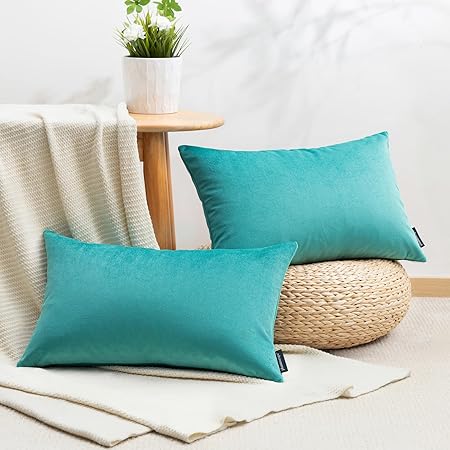 Phantoscope Pack of 2 Velvet Decorative Throw Decorative Pillow Cover Soft Solid Square Cushion Case for Couch Teal 12 x 20 inches 30 x 50 cm