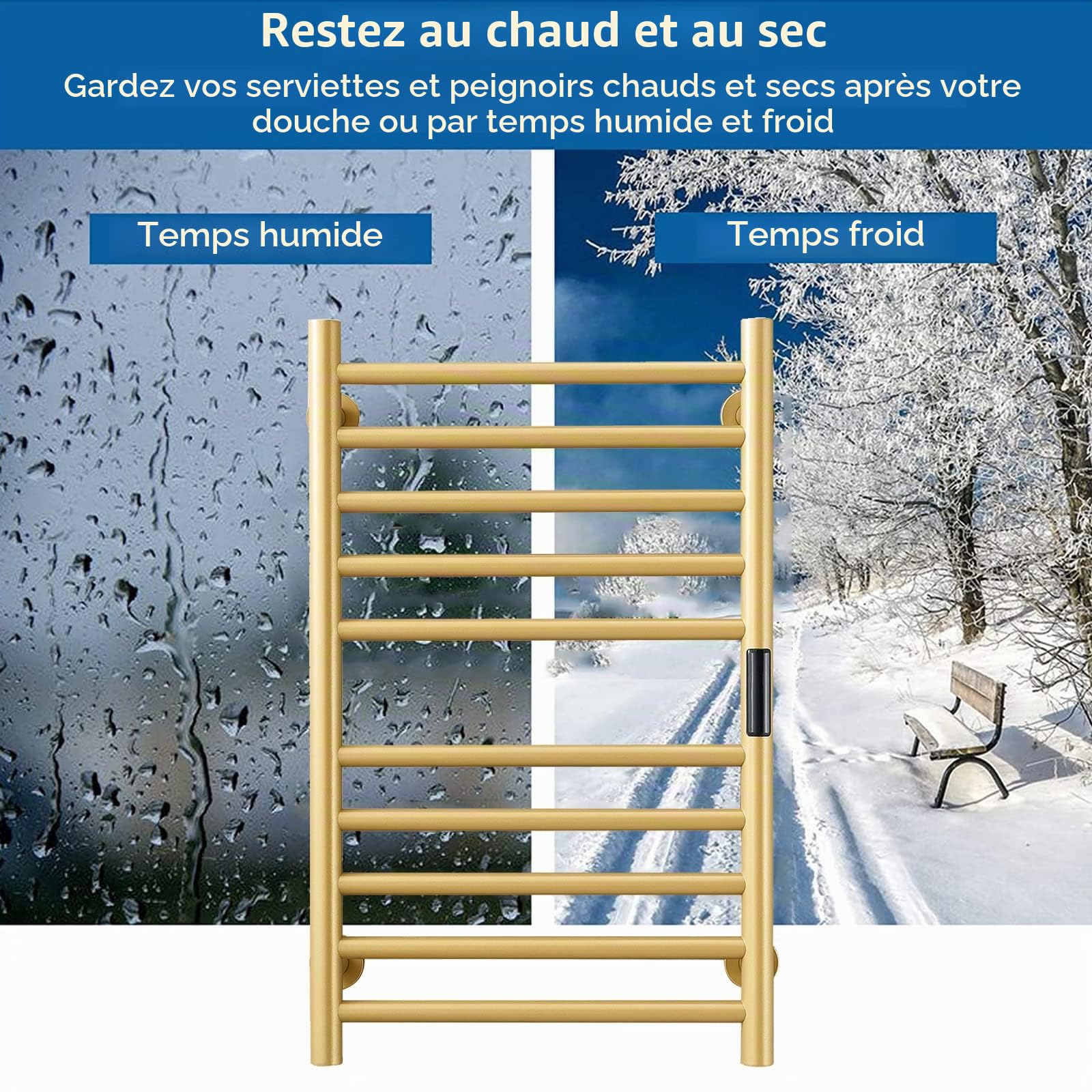 Sèche-Serviettes électrique, Chauffe-Serviettes Or 10 Barres Porte-Serviettes Chauffant Électrique, Acier Inoxydable 304 pour Radiateur De Salle De Bain 88W Chauffe-Serviettes, Hardwired