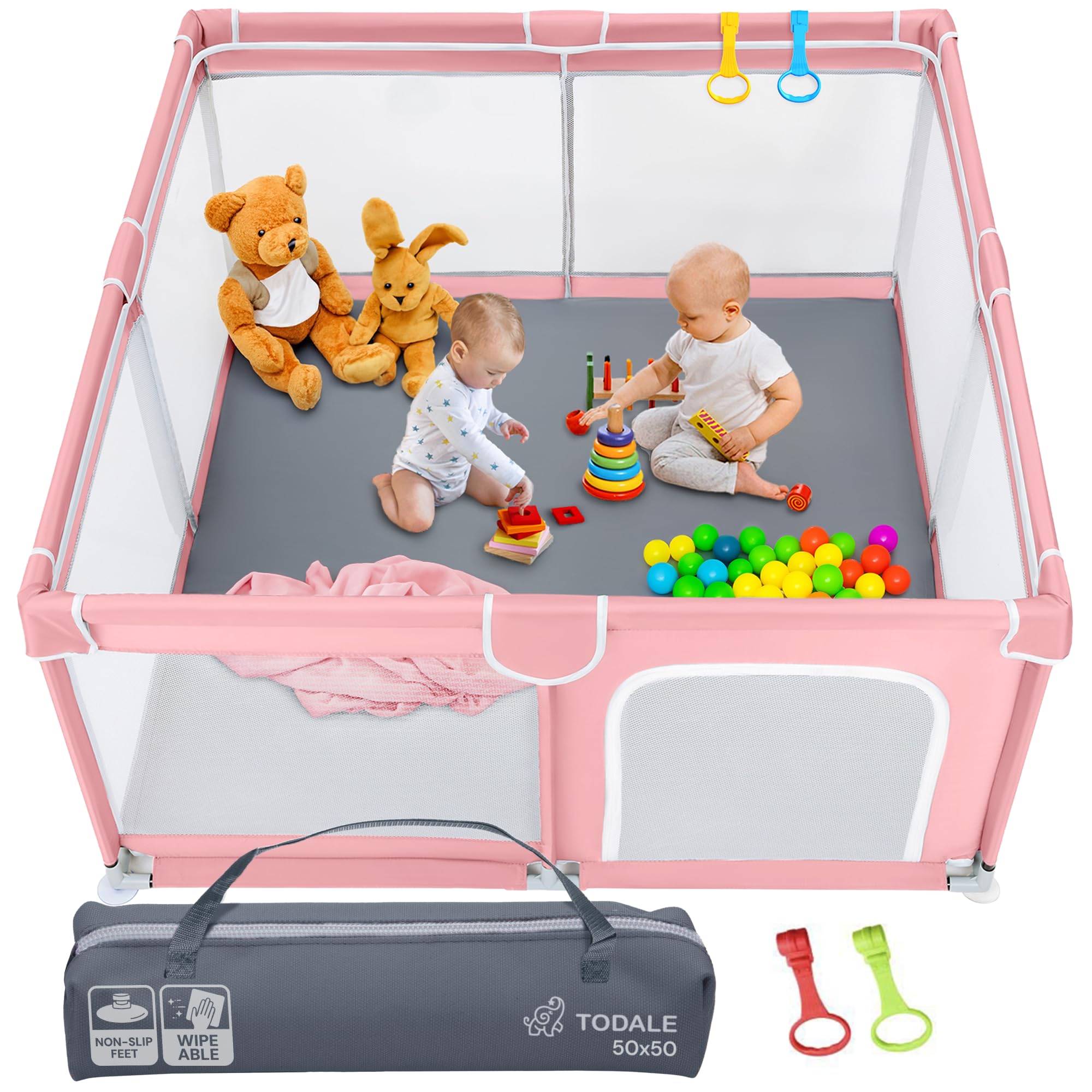 Todale Play Pen - 50 x 50 x 27 in, Pink - Baby Playpen Play Yard with Breathable Mesh & Anti-Slip Base - Portable Crib & Foldable Playpen for Babies & Toddlers