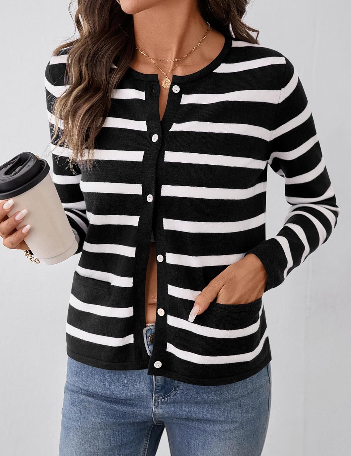 Rapbin Women's Lightweight Button Down Cardigan Sweater with Pockets Long Sleeve Crew Neck Open Front Casual Outfits - Image 4