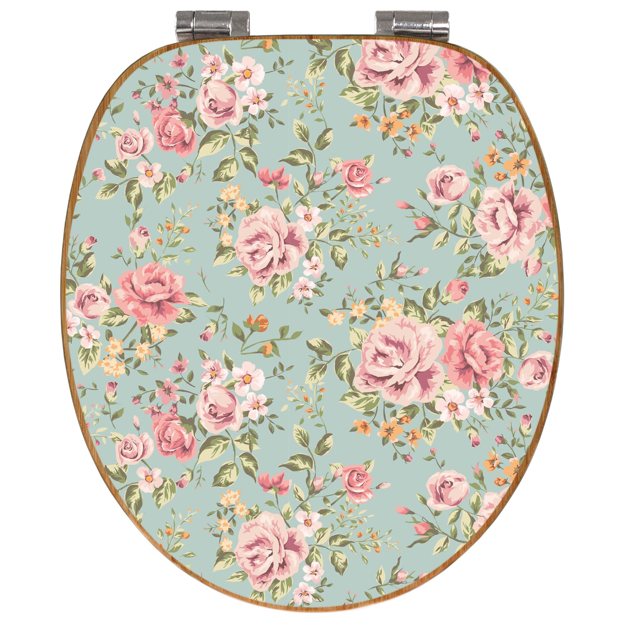 banjado Design WC Sitz Bambus Absenkautomatik 45,8x37,5cm - Toilettendeckel mit Absenkautomatik Holz - hochwertiger Bambus Klodeckel - WC-Sitz für gängigen Toiletten - Motiv Altrosa Blume