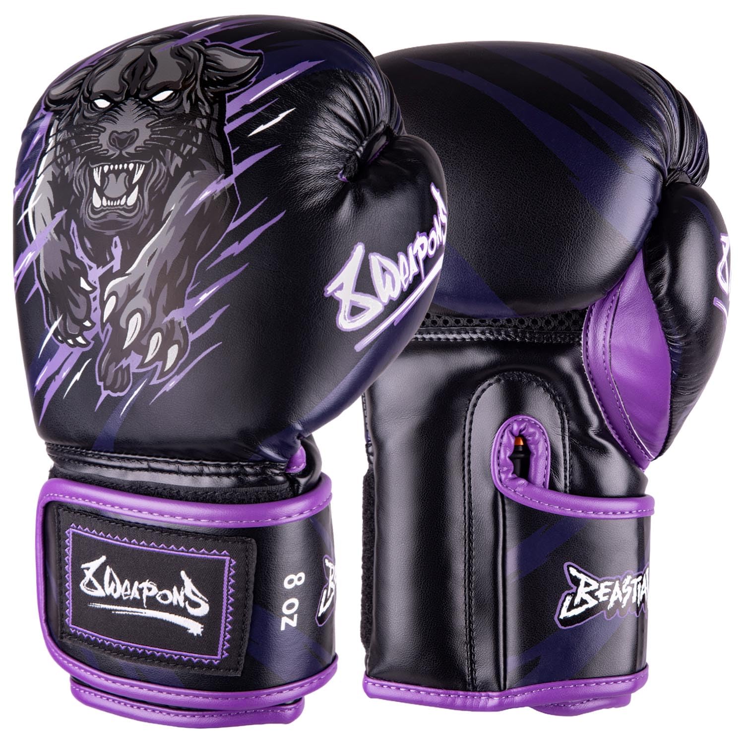 8 WEAPONS Boxhandschuhe Kinder, Beastial Panther, Schwarz-Lila, Kinder Boxhandschuhe, Kunstleder, Perfekte Dämpfung für optimalen Schutz, Handschuhe für Muay Thai, K1, Boxen, MMA und Kickboxen