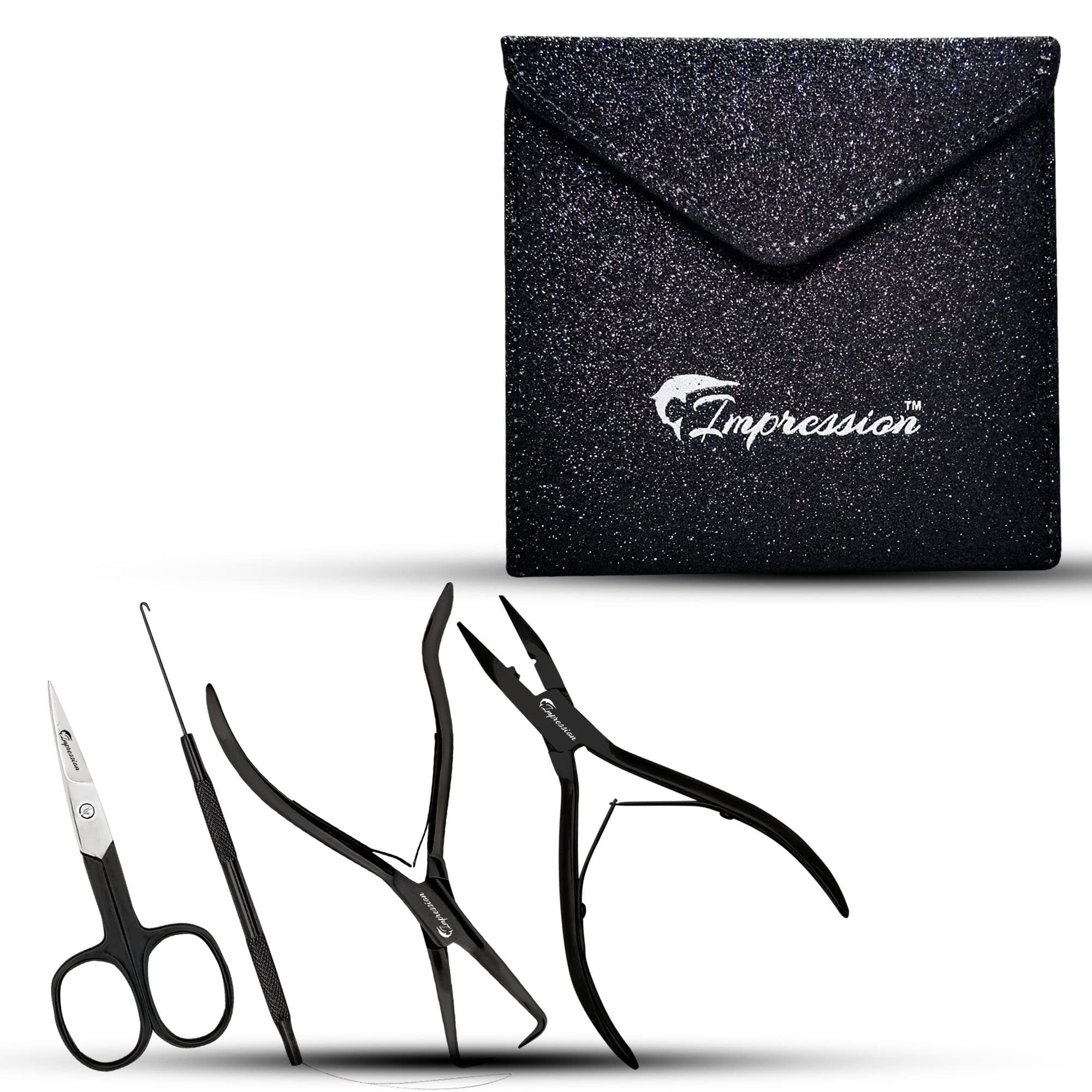 MIKE N DAD Hair Extension Kit, Micro Ring Applicator Plier, Micro Ring Removal Plier, 2 In 1 Hook and Loop, Scissor, Hair Sectioning Claw, 5 x Hair Clips (Black)