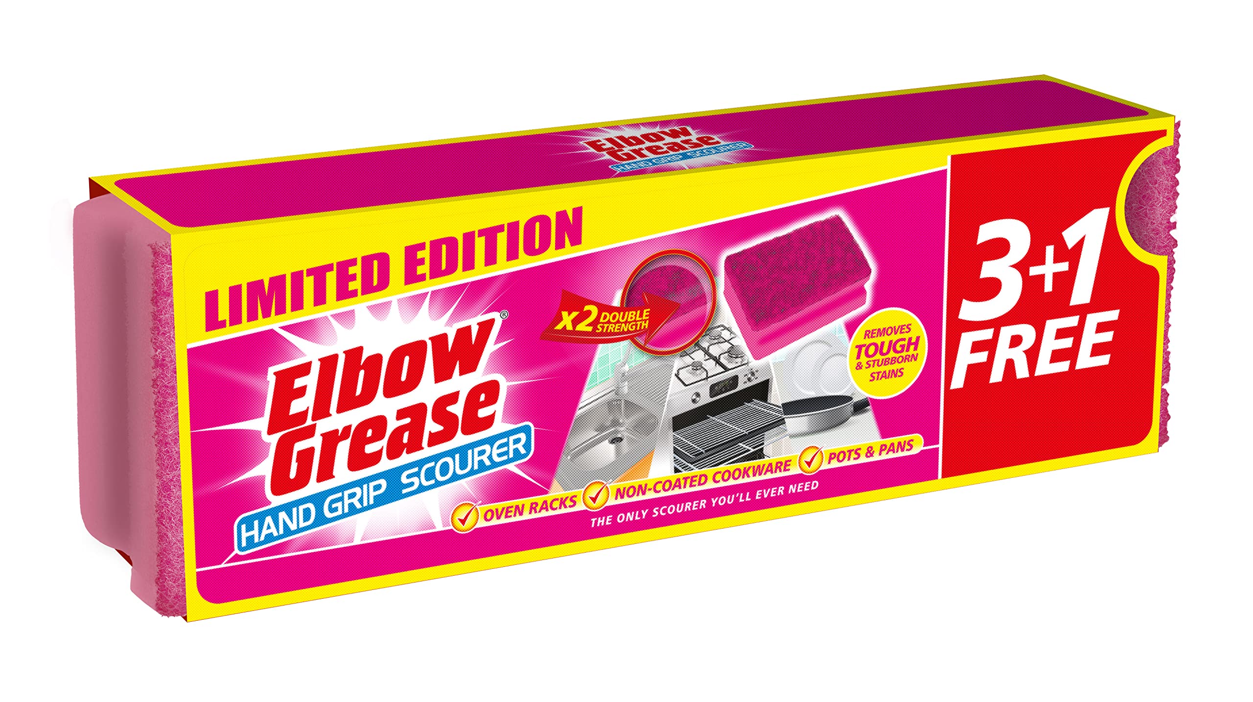 Elbow Grease Hand Grip Scourer - Heavy Duty | Suitable for Oven Racks, Non-Coated Cookware, Pots & Pans - Double Strength | Removes Tough and Stubborn Stains - Washing Up Sponge (4 Pack - Pink)