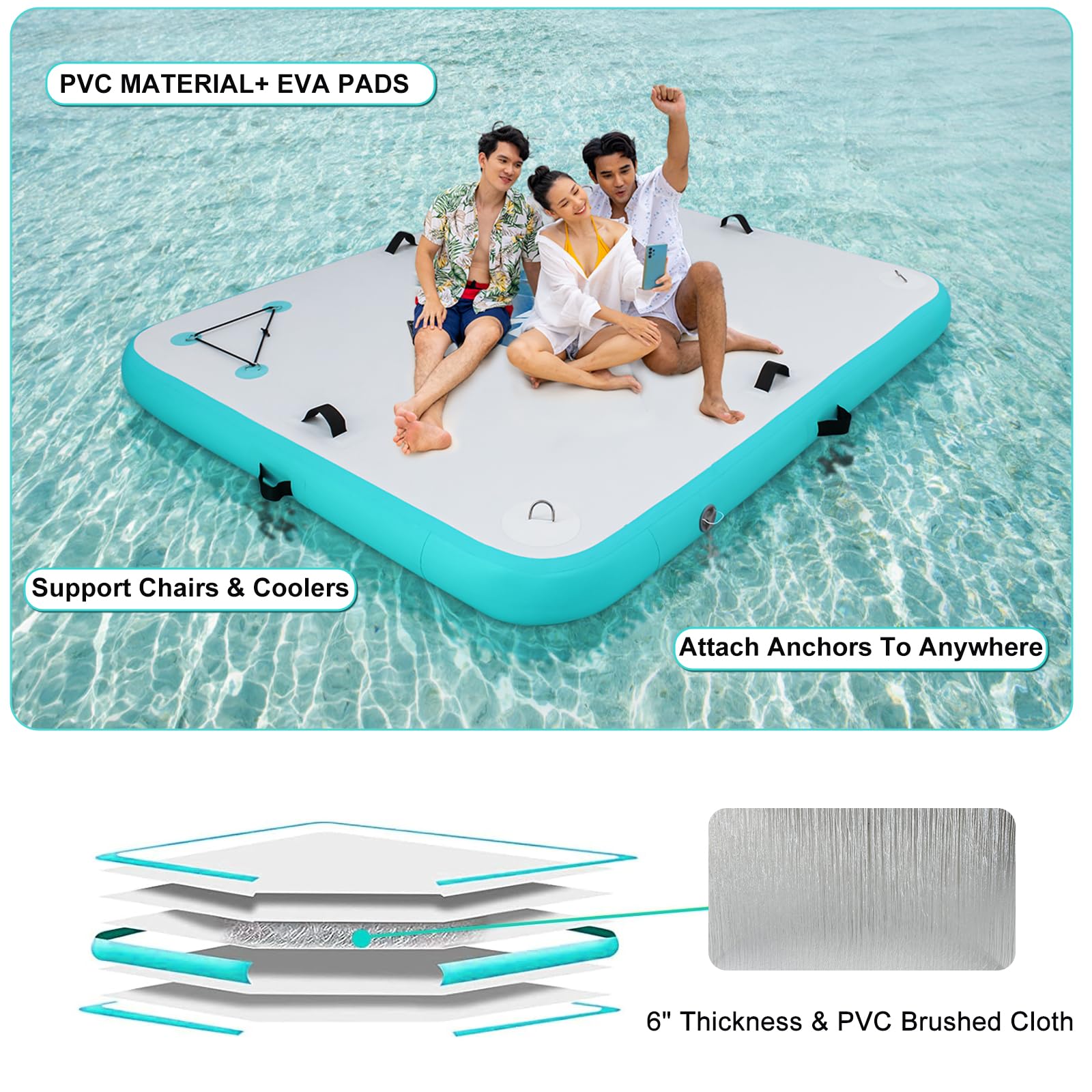 8FT X 6FT Inflatable Floating Dock With Non-Slip EVA Surface - Water Platform For Pool, Lake & Ocean