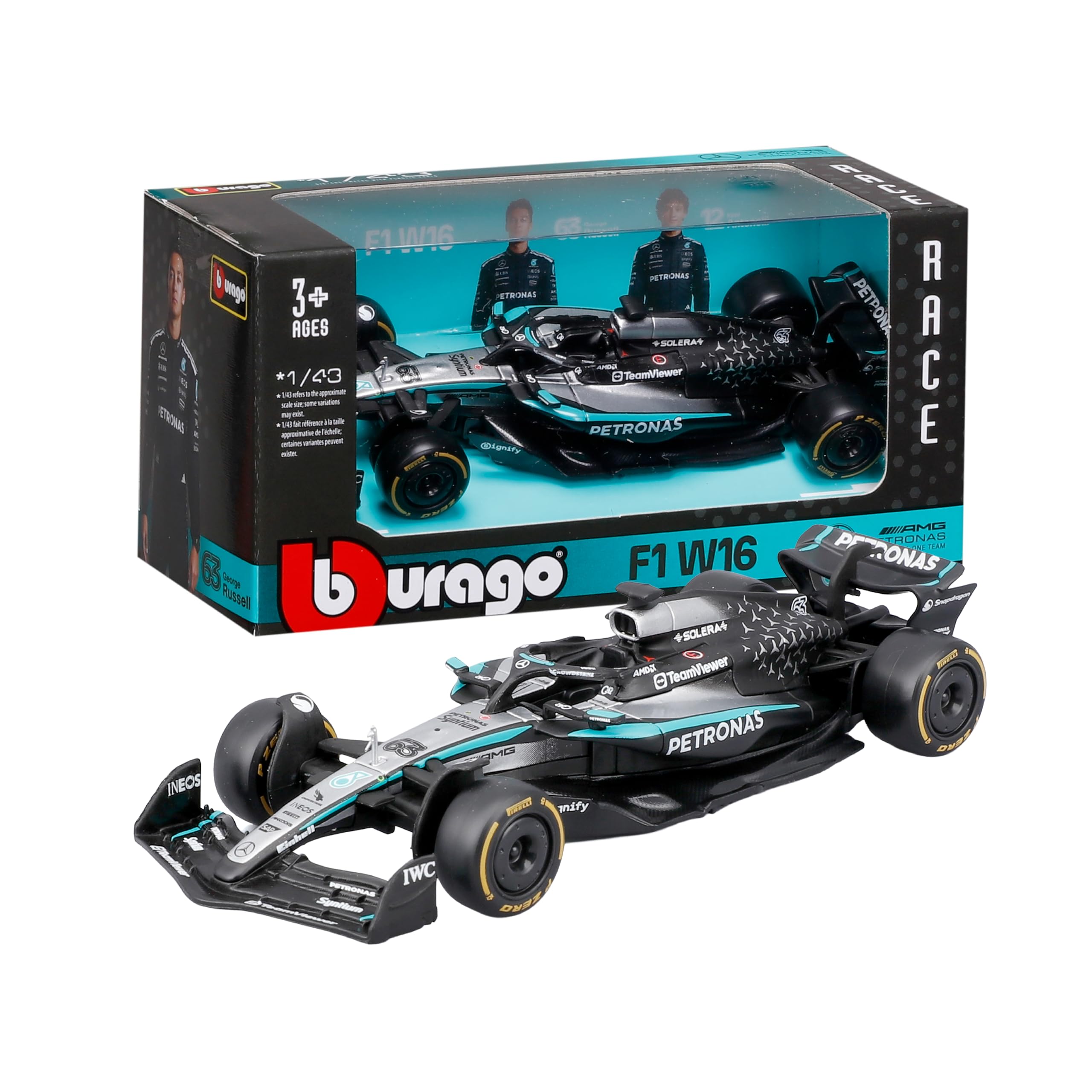 Bburago - F1 Mercedes-AMG W16 2025#63 Russell, 1:43 Scale Diecast Car with Authentic Details, F1 Mercedes Replica, Silver/Black Livery, Official Licence, Recommended Age 3+ Years