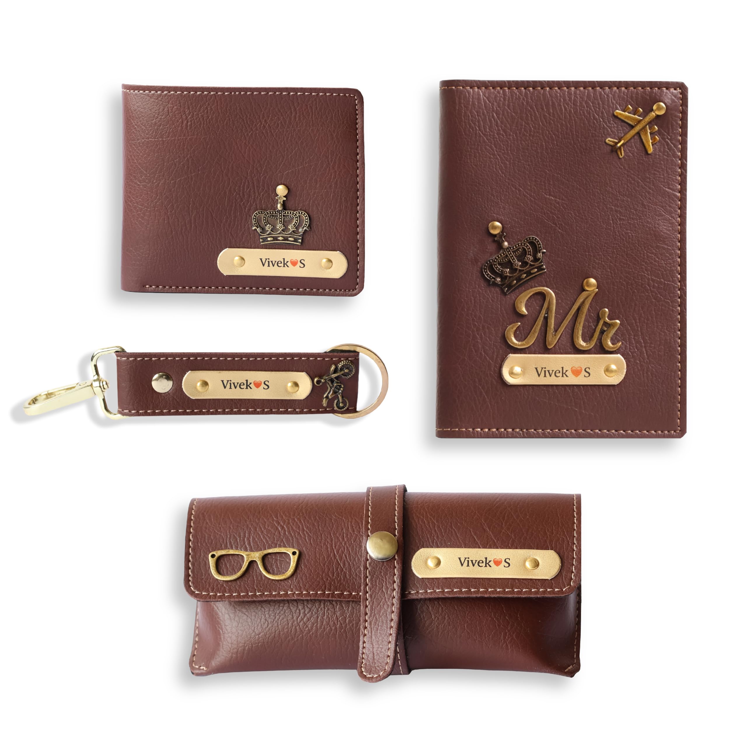 Personalised Mens Combo Gift (4 pcs) Customized Leather Mens Wallet, Key Chain, Eyewear Case and Passport Cover with Name | Best Gift for Brother, Husband, Boyfriend, Father (Brown)