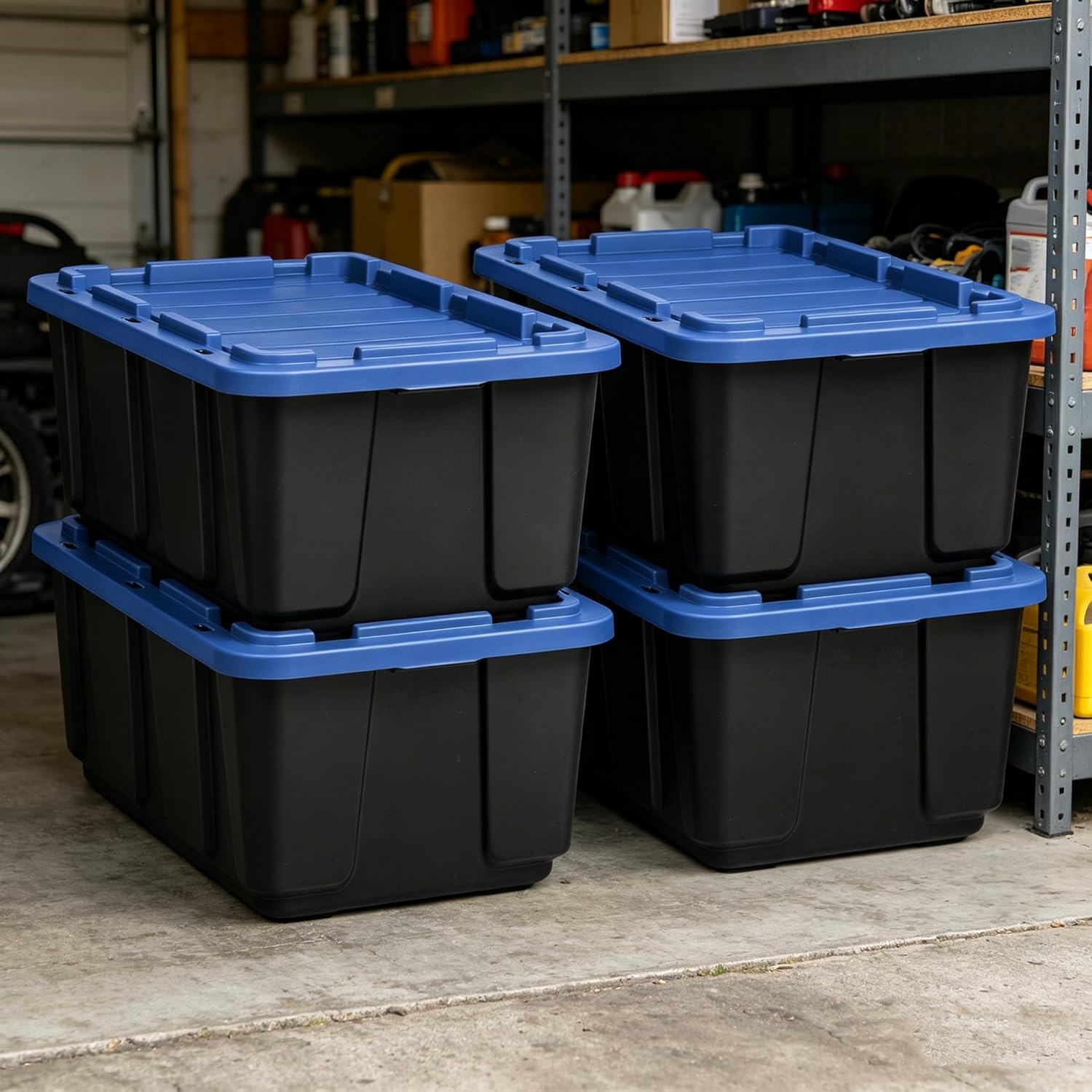 4 Pack 27 Gallon (108QT) Heavy Duty Plastic Storage Bins with Latching Lids, Stackable Storage Totes with Reinforced Handles, Large Containers for Garage, Home, Closet and Basement Organization