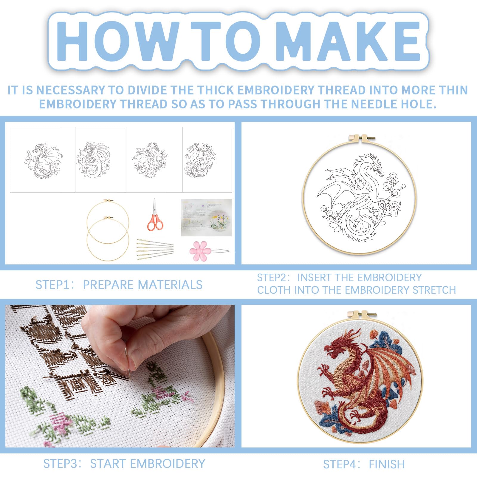 Beginner Embroidery Kit - Dragon Patterns -5