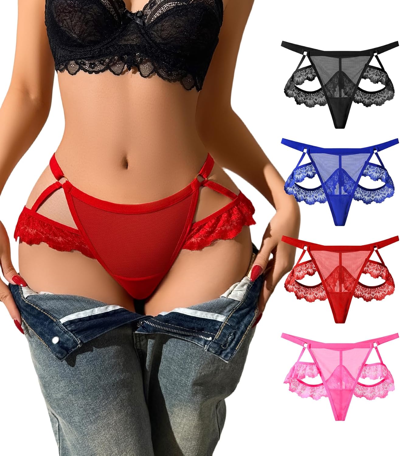 Sexy Thongs for Women Lace G-string Underwear Hollow Out Ladies Breathable Low Rise No Show T-Back Panties 4Pack