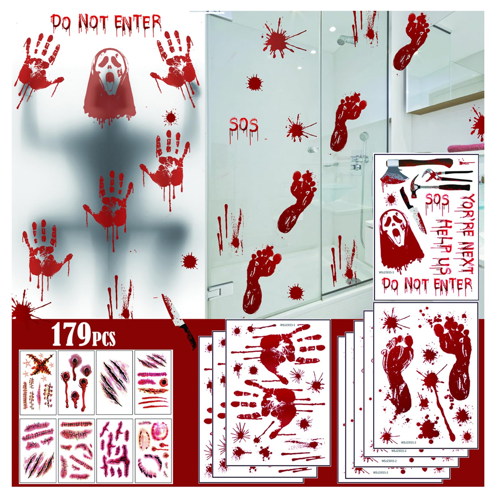 Kocovimi Red Halloween Handprint Footprint Stickers With Tattoo Stickers, Larger Size Bloody Handprint Stickers Scary Halloween Decorations Create The Horrible Scene In Your Halloween Party