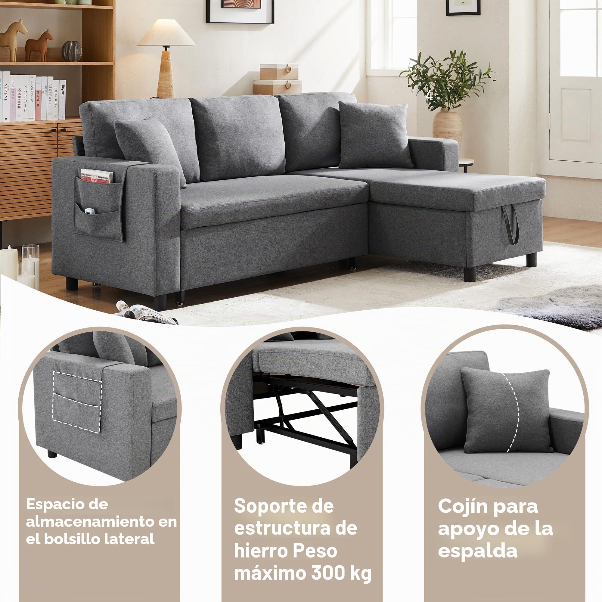 Azkoeesy Sofá cama plegable de 3 plazas con función sleep y espacio de almacenamiento, en forma de L, chaise longue sofá de salón, izquierda y derecha, intercambiable, tela de lino