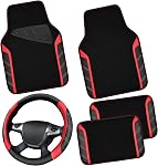 CAR PASS Leather Steering Wheel Cover and Waterproof Car Floor Mats,Microfiber Universal Car Combo Fit for 95% Sedan,SUV,Cars,14.5-15inch Sporty Anti-Slip Safety Comfortable Design(Black&Red)