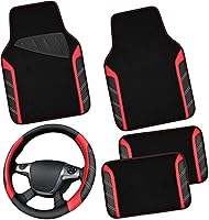 CAR PASS Black & Red Microfiber Leather Steering Wheel Cover + Waterproof Anti-Slip Floor Mats Set of 5 - Universal Fit 95% Sedans SUVs Trucks 14.5-15"