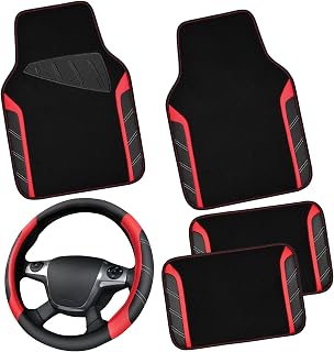 CAR PASS Black & Red Microfiber Leather Steering Wheel Cover + Waterproof Anti-Slip Floor Mats Set of 5 - Universal Fit 95% Sedans SUVs Trucks 14.5-15"