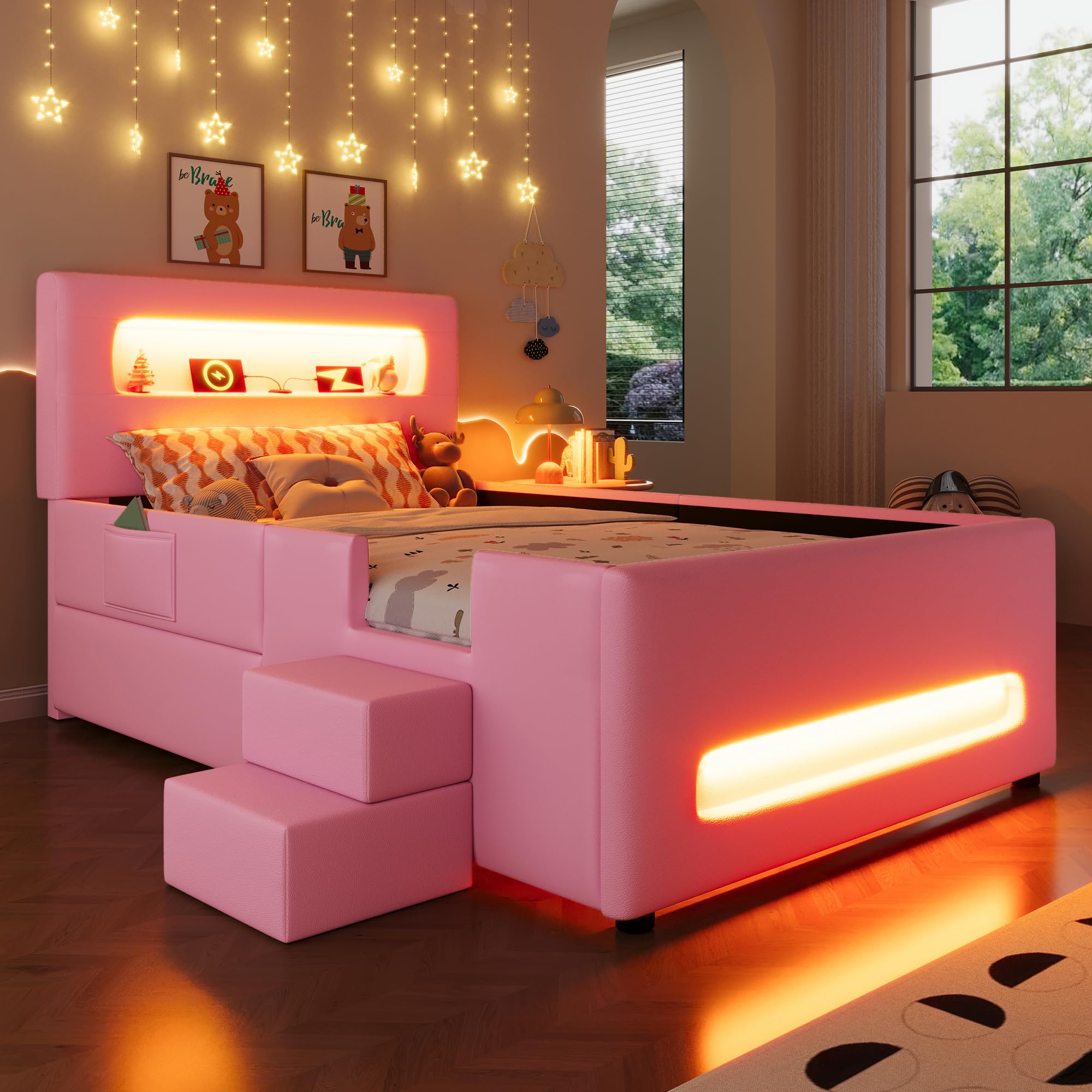 Letto a piattaforma imbottito (90 x 200 cm) con scale, cassetti, strisce luminose a LED e tasche portaoggetti (rosa)