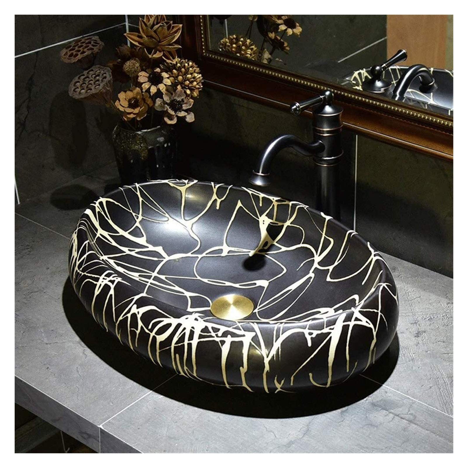 Szafka Pod Umywalkę Z Umywalką, Umywalka Nablatowa, Czarna Umywalka Nablatowa 21 X 14 Cali, Europejska, Zabytkowa, Owalna, Porcelanowa, Ceramiczna Umywalka Nablatowa