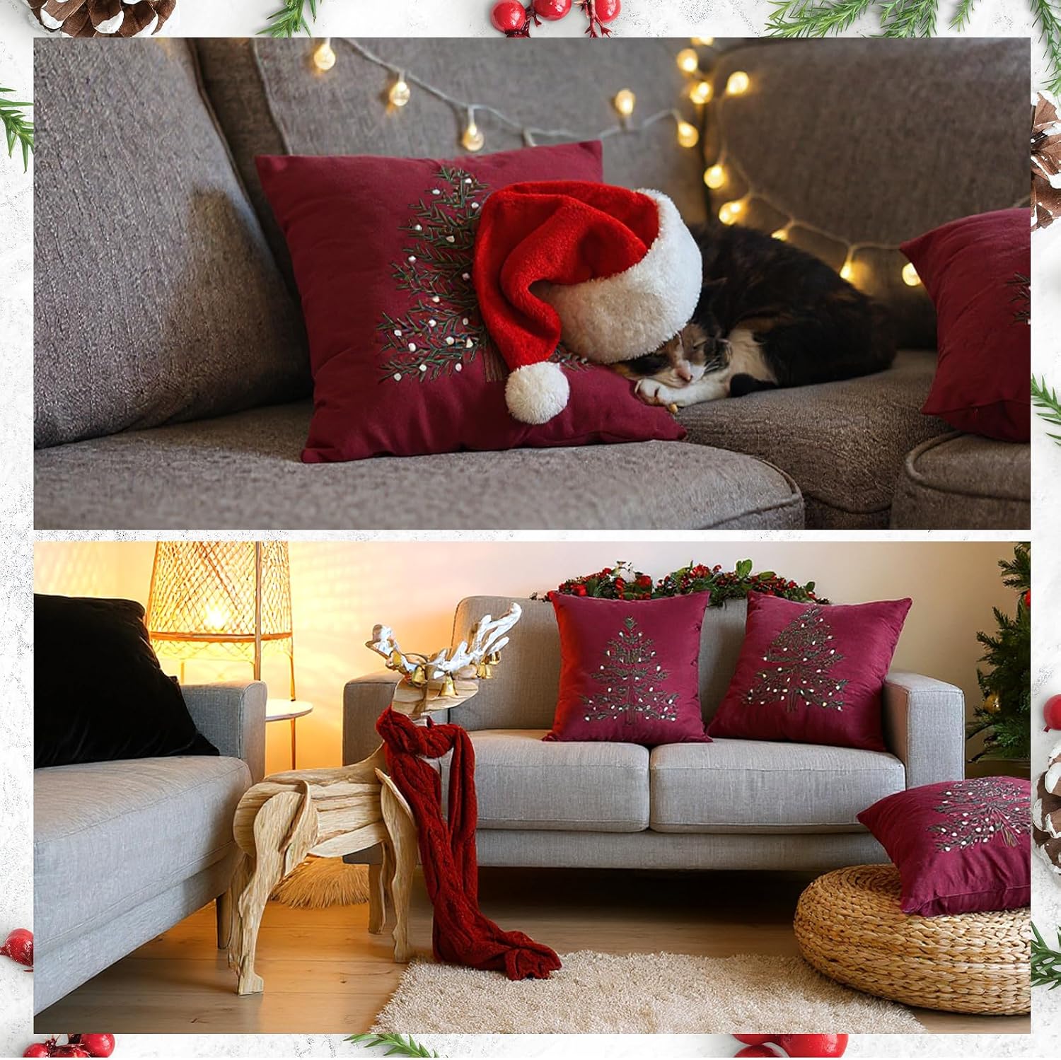 Peryiter 2 Pcs Burgundy Christmas Decoration Pillow Covers 18 X18 Inch Christmas Tree Decorative Red Velvet Embroidery Pillowcases Winter Xmas Party New Years Decor for Home Couch