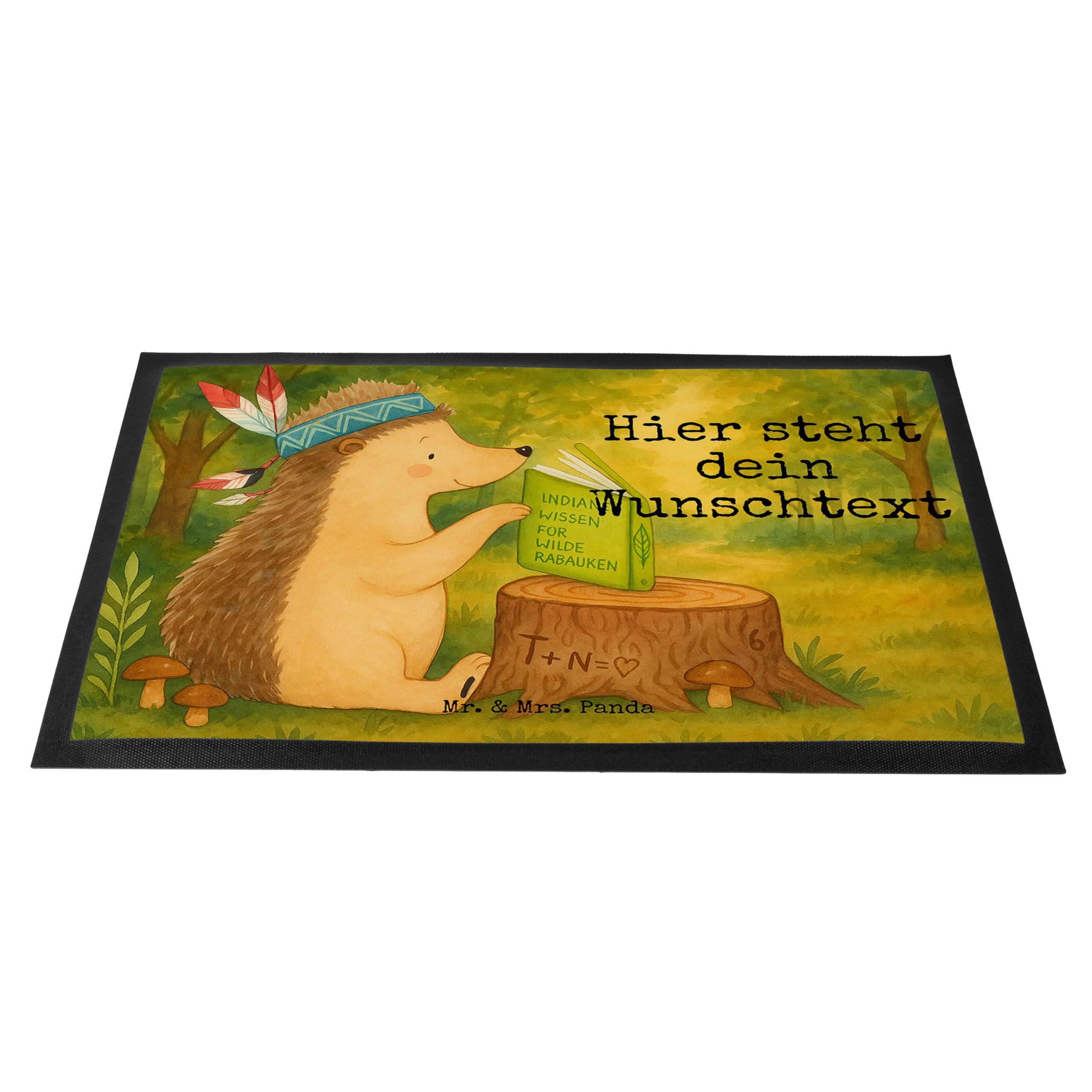 Mr. & Mrs. Panda Fussmatte mit Namen Igel Federschmuck Design 40 x 60 cm - Geschenk, Personalisierte Eingangsmatte, Lagerfeuer, personalisiert, Fußmatte, Abenteuer, Indianer, Camping, personalisierbar