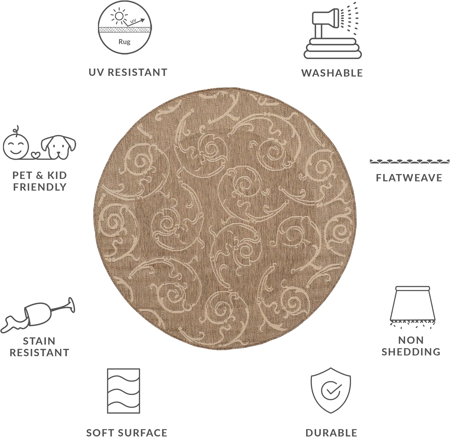 SAFAVIEH Courtyard Collection 5'3" Round Brown / Natural CY2665 Scroll Indoor/ Outdoor Easy--Cleaning Patio Backyard Mudroom Area Rug