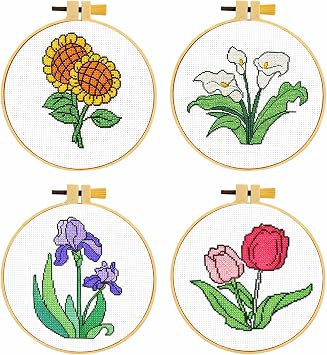 Zhenqing 4 Pack Flower Stamped Cross Stitch Kit for Beginners | 4 flower designs with 11CT printed fabric, tools and guide; easy small cross stitch kit for beginners.