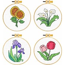 Zhenqing 4 Pack Flower Cross Stitch Kit for Beginners, 11CT Printed White Cotton Fabric 16x16cm with Hoop, Sunflower, Tulip, Calla Lily, Iris Designs70745