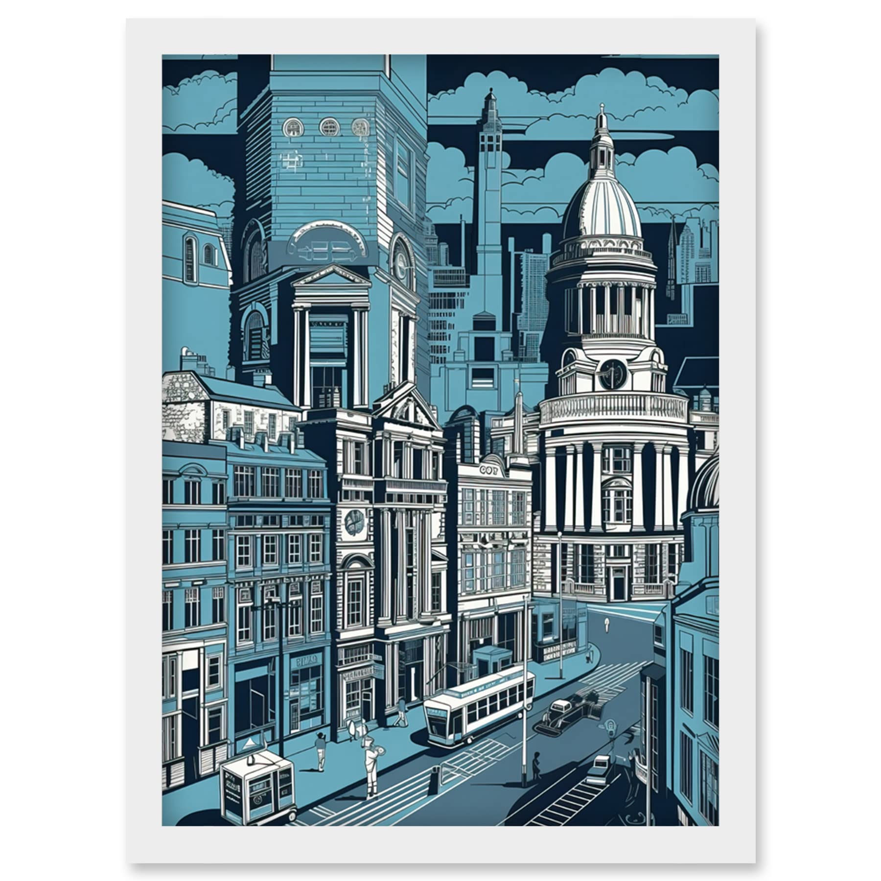 Artery8 Belfast Cityscape City Centre Hall Linocut Style Artwork Framed Wall Art Print A4