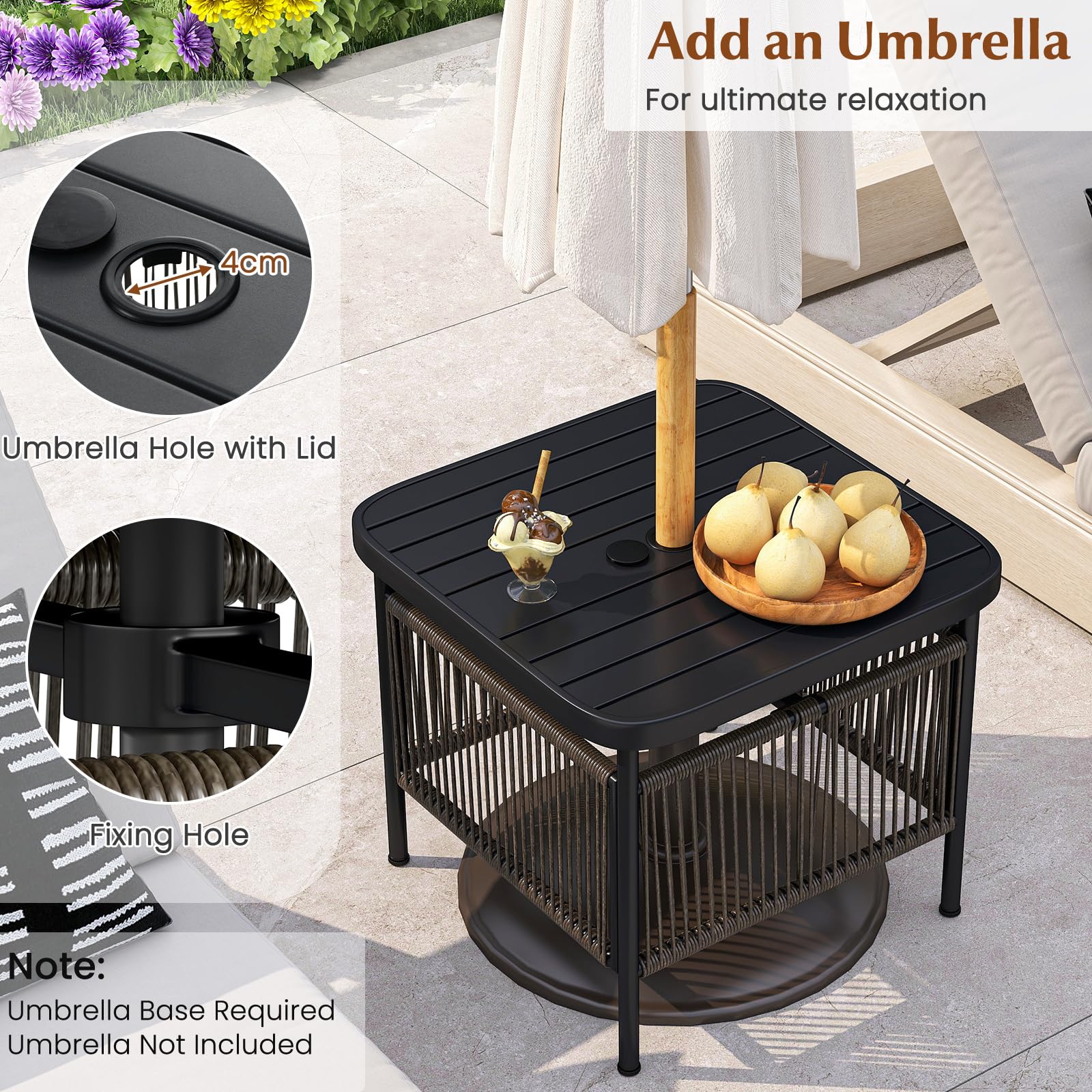 LIFEZEAL Table basse de jardin, petit balcon, extérieur, avec trou pour parasol, 56 x 56 x 49 cm, en rotin PE, métal, avec plateau à barres, pieds réglables, max 50 kg, moderne, peu encombrant, noir