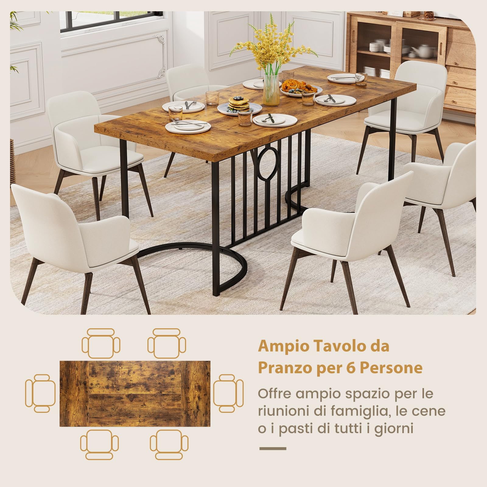 COSTWAY Tavolo da Pranzo 180 x 79 x 75 cm per 6-8 Persona, Tavolo Cucina Rettangolare in Legno con Struttura in Metallo, Mobile moderno per Sala da Pranzo e Ufficio, Capacità di Carico 135kg