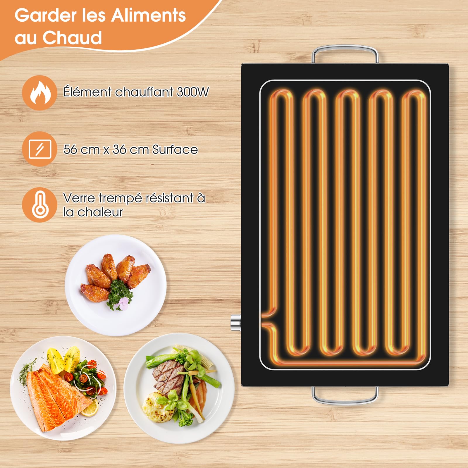 RELAX4LIFE Chauffe-Plat Électrique 300W avec Plaque en Verre Trempé 56 × 36 cm & Poignées Latérales en INOX pour Maintenir au Chaud, Traiteur, Buffet & Fête, Chauffe Rapide…