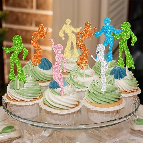 Miniatura 4 de Gyufise 24 adornos para cupcakes de discoteca de los años 70 con purpurina múltiple para decoración de tartas de discoteca de los años 70,