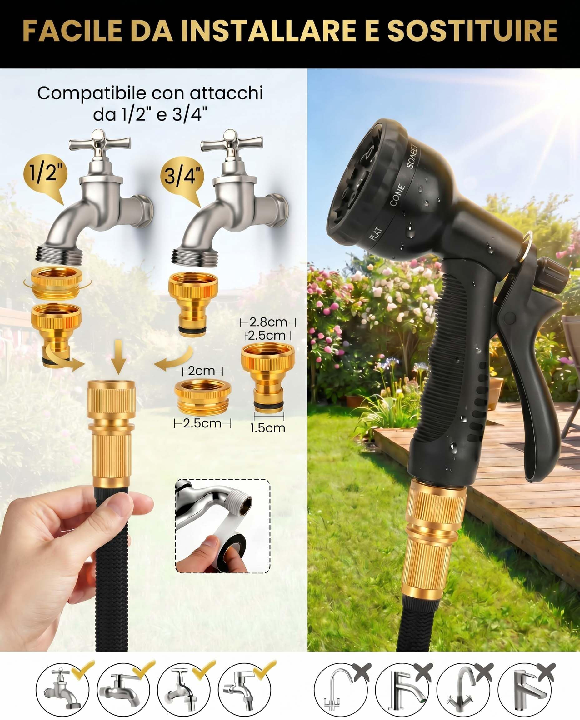 Tubo da Giardino Estensibile Ispessito 30m 100FT Canna Acqua con 8 Funzioni con Pistola Acqua Giardino & Adattatore Universale 1/2" e 3/4 per Prato, Giardino