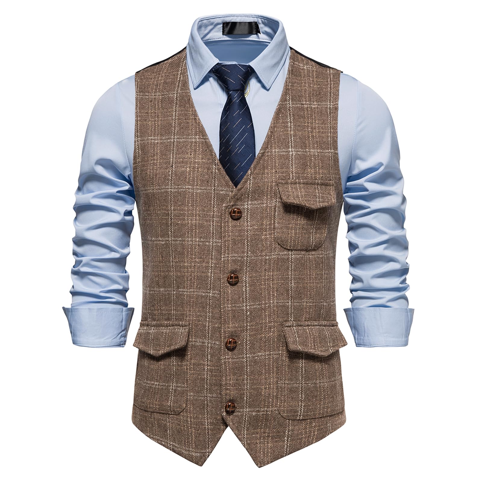 MakingDa Gilet da uomo a quadri formale senza maniche con scollo a V plaid tweed gilet business casual vestito gilet con tasca