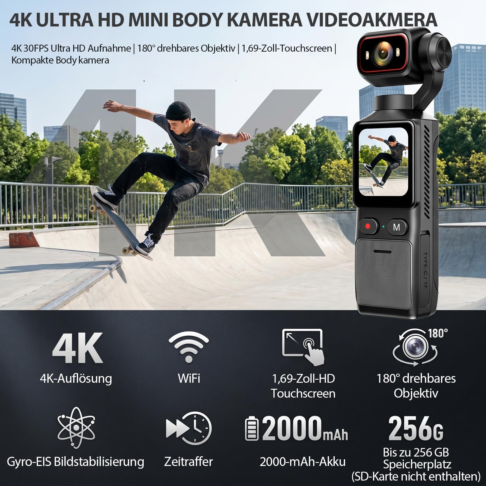 4K Körperkamera POV Vlogging Kamera Taschen Bodycam 180° drehbarem Objektiv, 1,69" Touchscreen, EIS Stabilisierung, Body Camera für Sport Vlogging Radfahren Camping