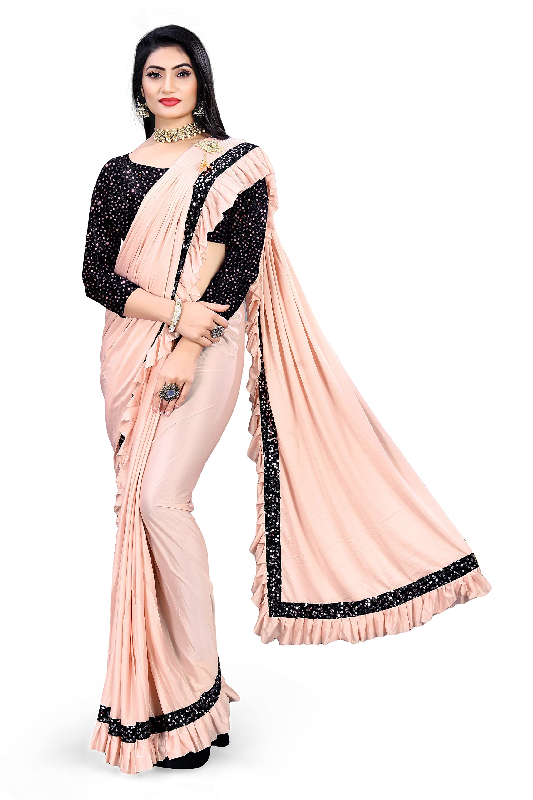 MOHIT CREATIONS Women's Party wear Pure Original Lycra Ruffle Saree With Unstitched Blouse