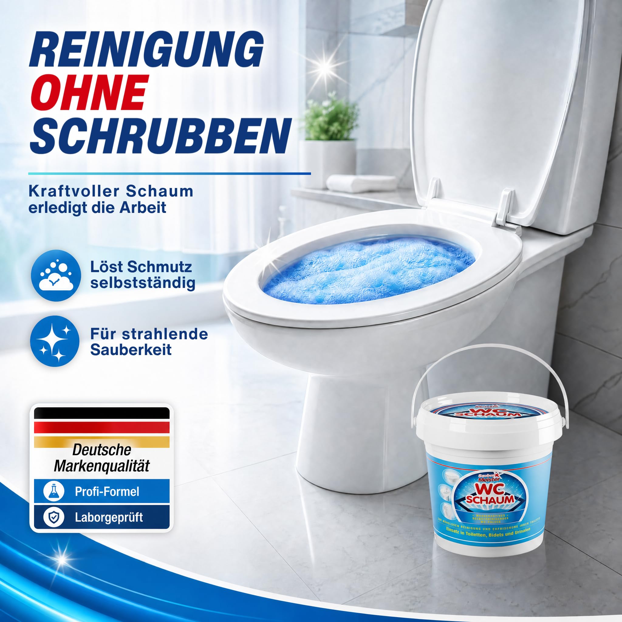 WC SCHAUMREINIGER PULVER – Extra starker WC Schaum für gründliche Sauberkeit – Kraftvoller WC-Reiniger gegen Kalk & Urinstein – Selbstreinigende Pulverform – 1000 g