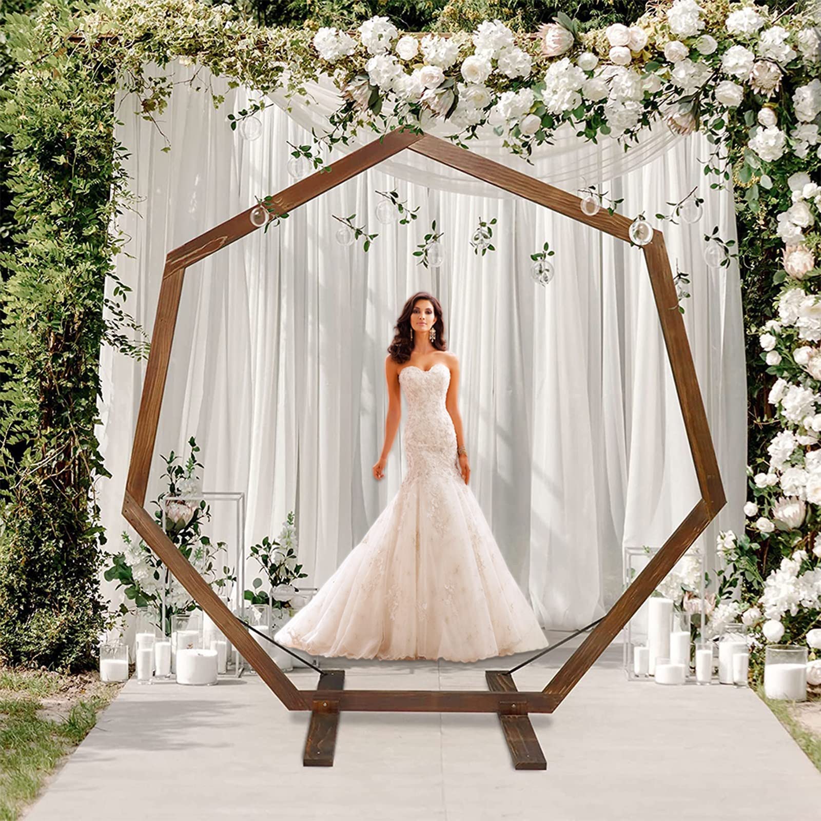 Wood Wedding Arch 7.2FT Hexagon Backdrop Stand,Rustic Wedding Arbor Photo Backdrop Stand for Wedding Party, Ceremony Birthday Party Farmhouse Decoration