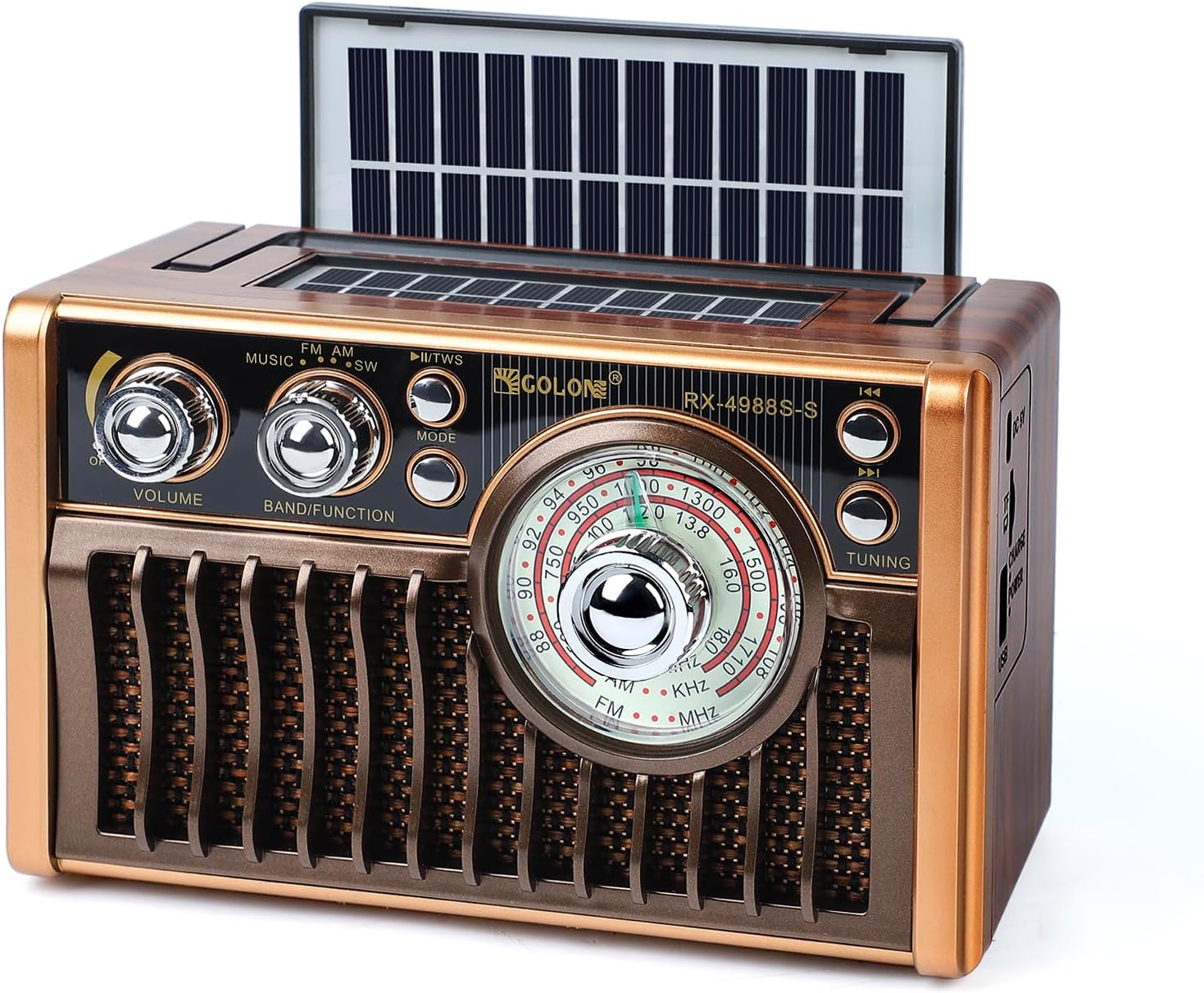 Portable AM FM Radios, Retro Radios with High-Powered Speakers, Support USB Power and Solar Panels Charging.Bluetooth TF Card (Coffee)