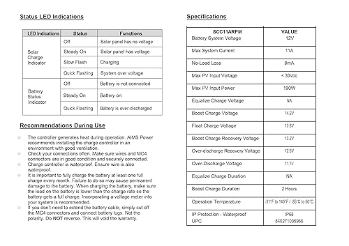 Miniatura 5 de AIMS POWER Controlador de carga solar impermeable de 11 amperios con cables precableados fáciles de instalar para batería de litio AGM, gel y LiFePO4