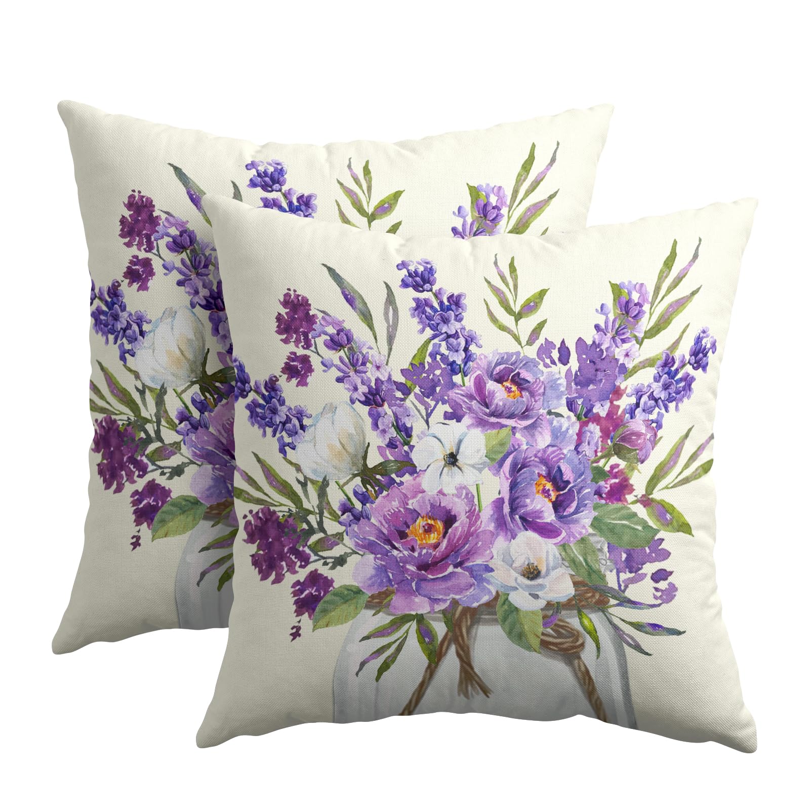 Kawani Lavender Flowers Throw Pillow Covers 20x20 Inch 2Pcs Watercolor Summer Purple Floral Leaves Mason Jar Farmhouse Pillowcases Cotton Linen Cushion Cover for Couch Sofa Bed Home Decor