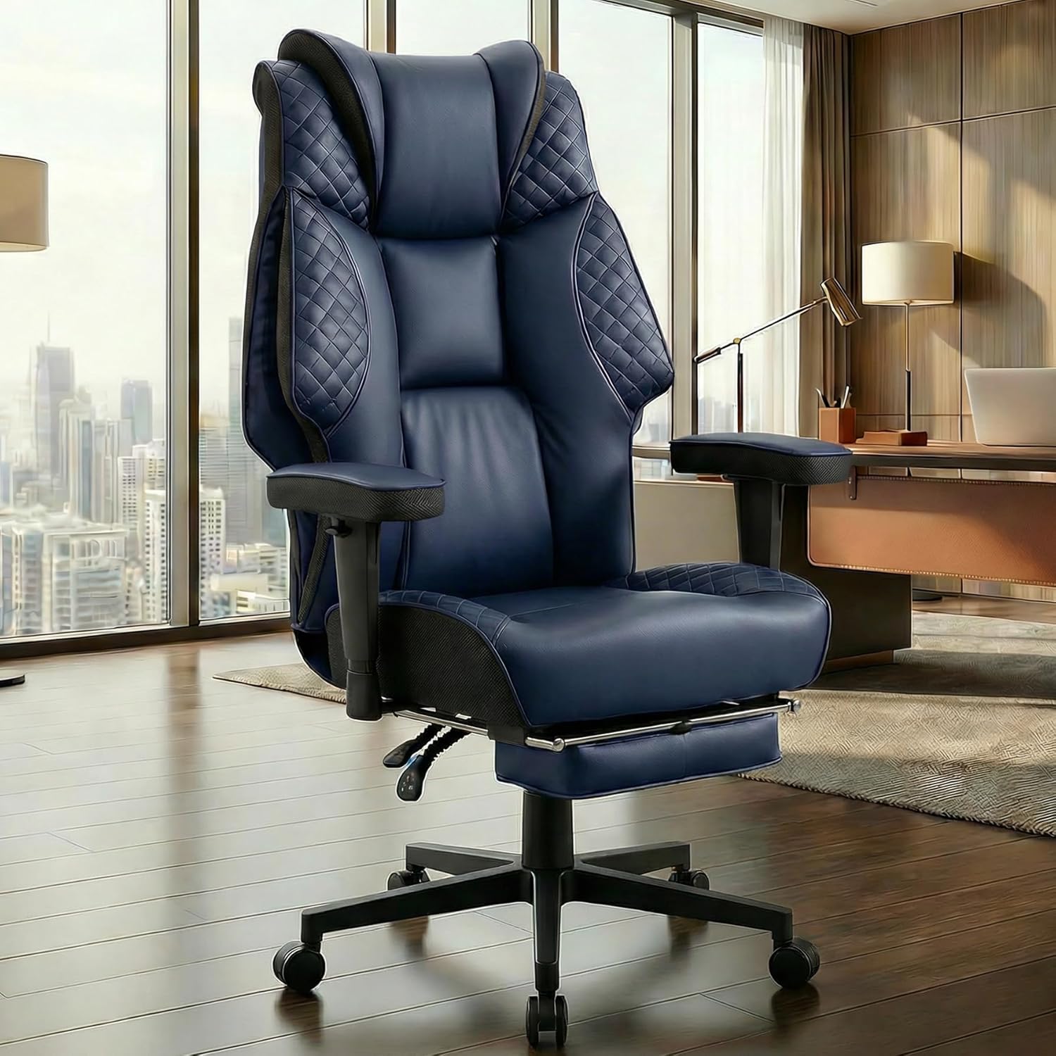 DJ.Wang Big and Tall Office Chair 500lbs - 23.6" Extra Wide Seat Ergonomic Executive Chair with Footrest, Heavy Duty Metal Base High Back Leather Office Chair, Lumbar Support, Adjustable Arms, Beige
