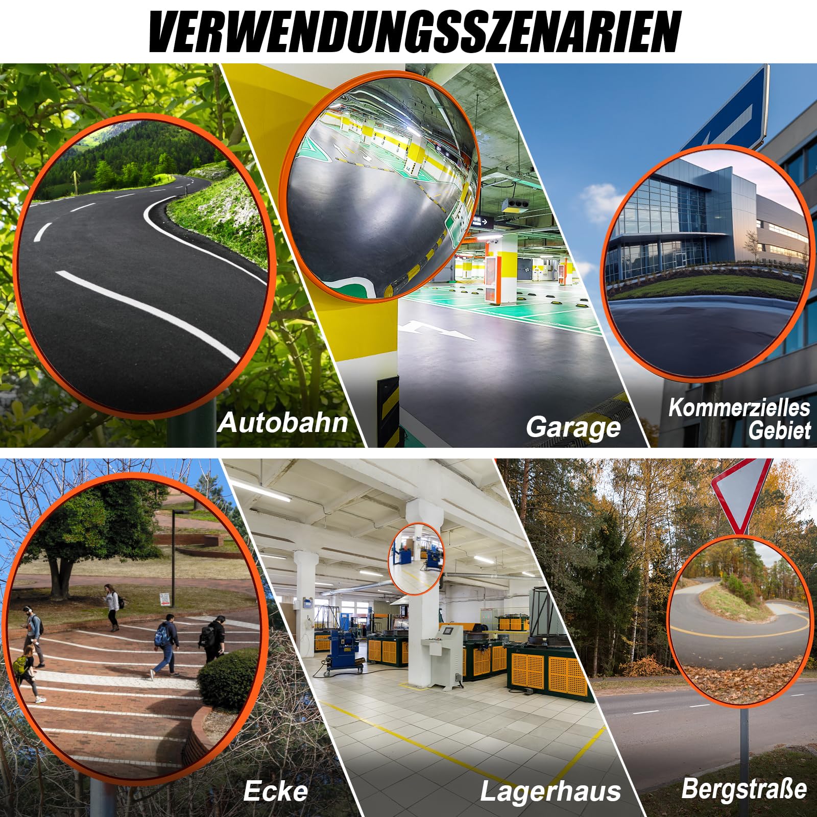 Espejo convexo para garaje y entrada, ángulo de visión de gran angular ajustable de 60 cm, espejo de seguridad curvado, soporte interior y exterior, con accesorios, fácil instalación