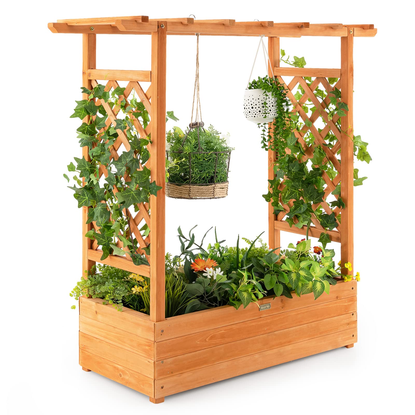 COSTWAY Jardinera Elevado con Enrejado Arqueado, Techo Colgante, Macetero, Orificios de Drenaje, Contenedor Vertical de Plantas para Plantas, Macetero de Madera Interior Exterior para Jardín Patio
