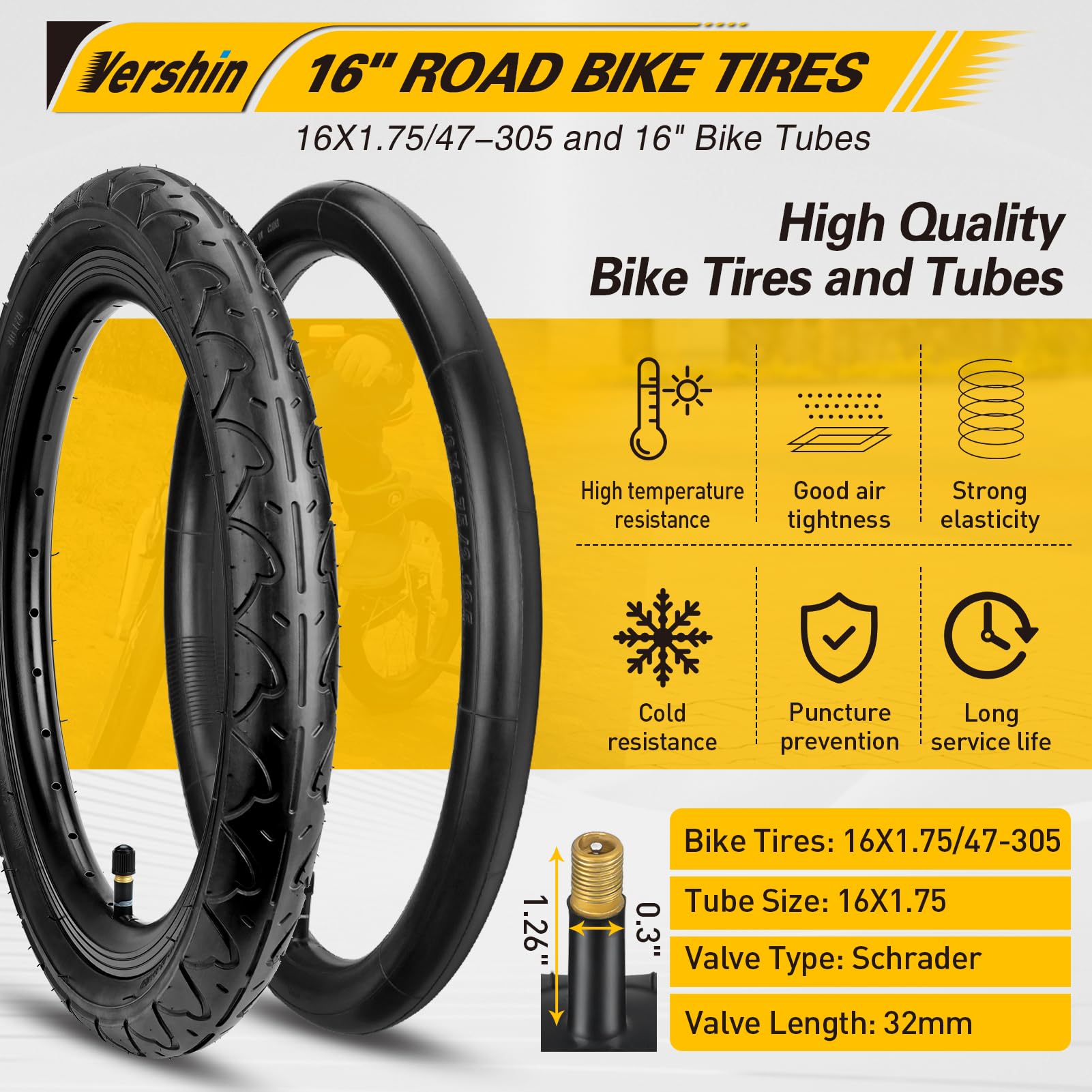 16x1.75 Bike Tires & Tubes Set – Cream Color, 2 Tires + 2 Heavy Duty Tubes, For Kids/City/Road Bikes