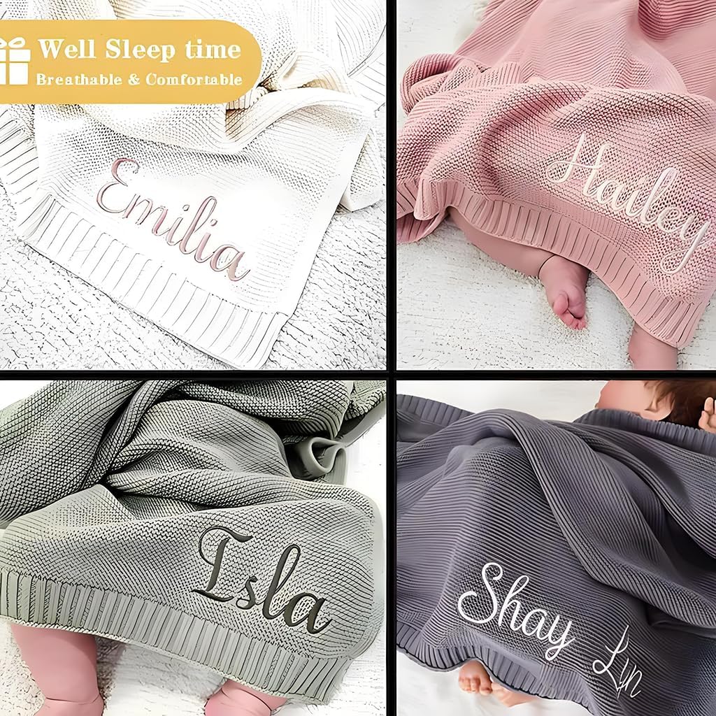 Personalized Baby Blanket, Custom Embroidered Blanket with Name, Chunky Knit Baby Blanket, 40 * 30inch, Handmade Nursery Blankets, Newborn Baby Gifts for Boy/Girl, Birthday image 4